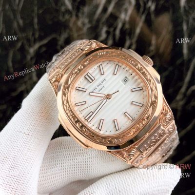 Best Replica Patek Philippe Nautilus "Tattoo" Watches Rose Gold White Dial
